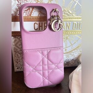 EUC Lady DIOR IPhone 14 Pro Case Pink Leather Charms Pocket Suede Lined Interior